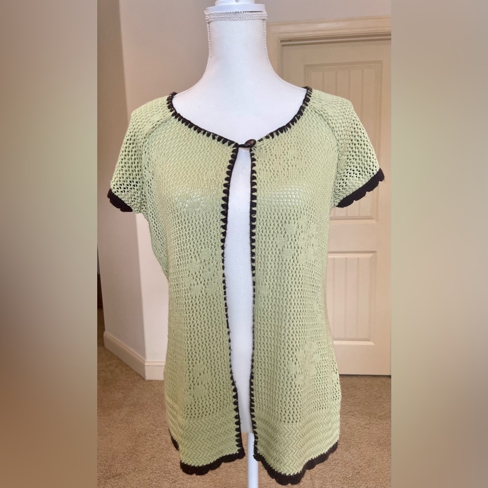 Cloze by Chenault Light Olive Green, Crocheted, One-button, Shirt-Sleeve sweater